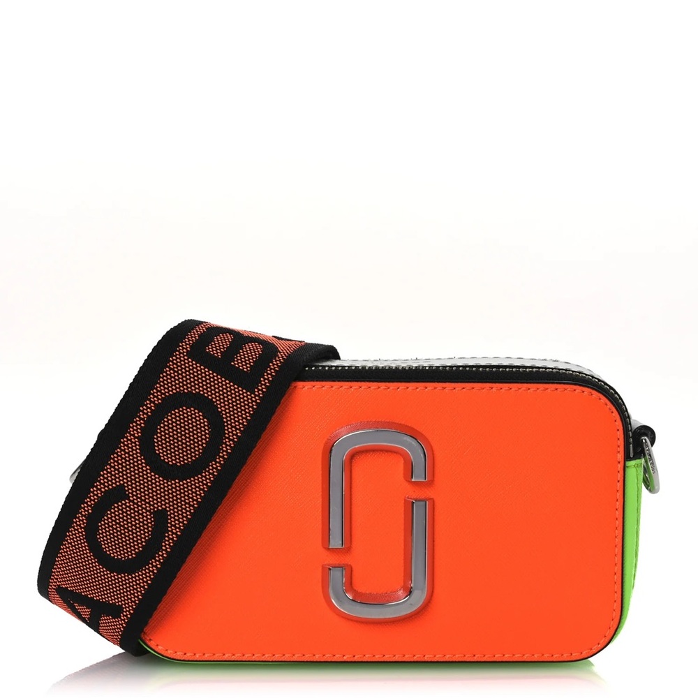 Marc Jacobs Saffiano Leather Small Fluoro Snapshot Camera Bag Neon Orange Green